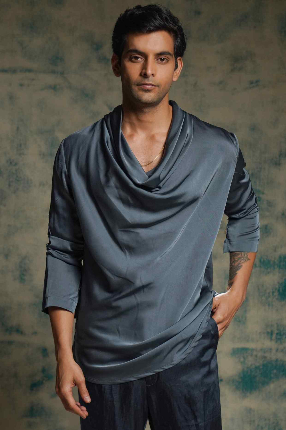 CHARCOAL BLUE COWL KURTA SET