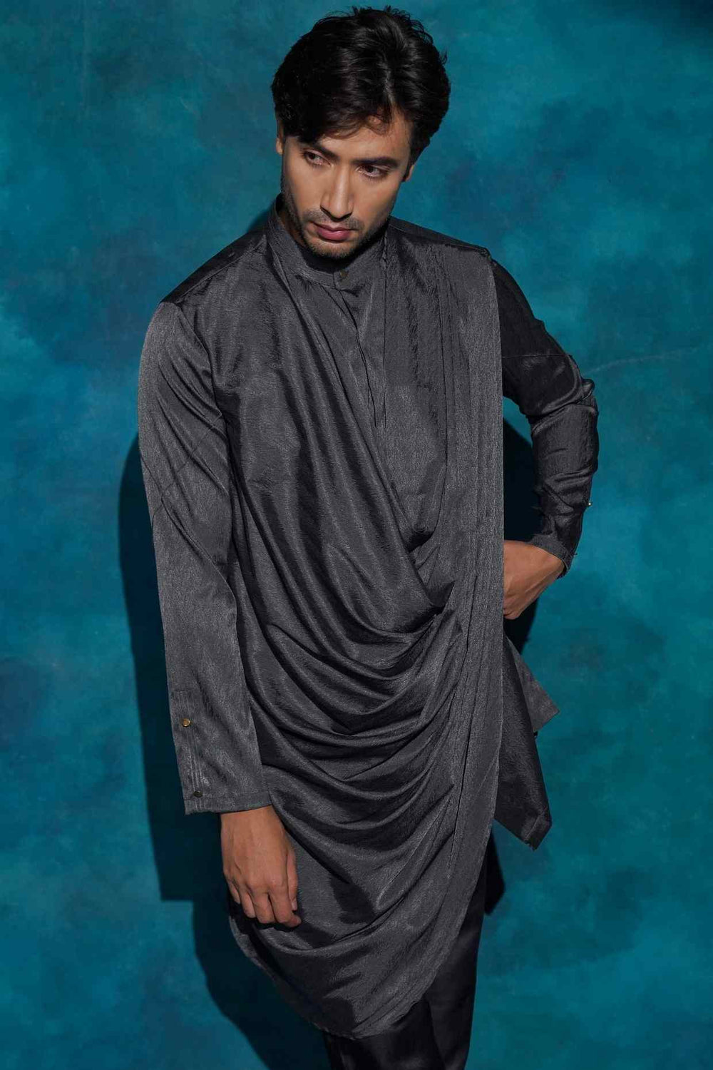 CHARCOAL GRAY LONG  DRAPE KURTA SET