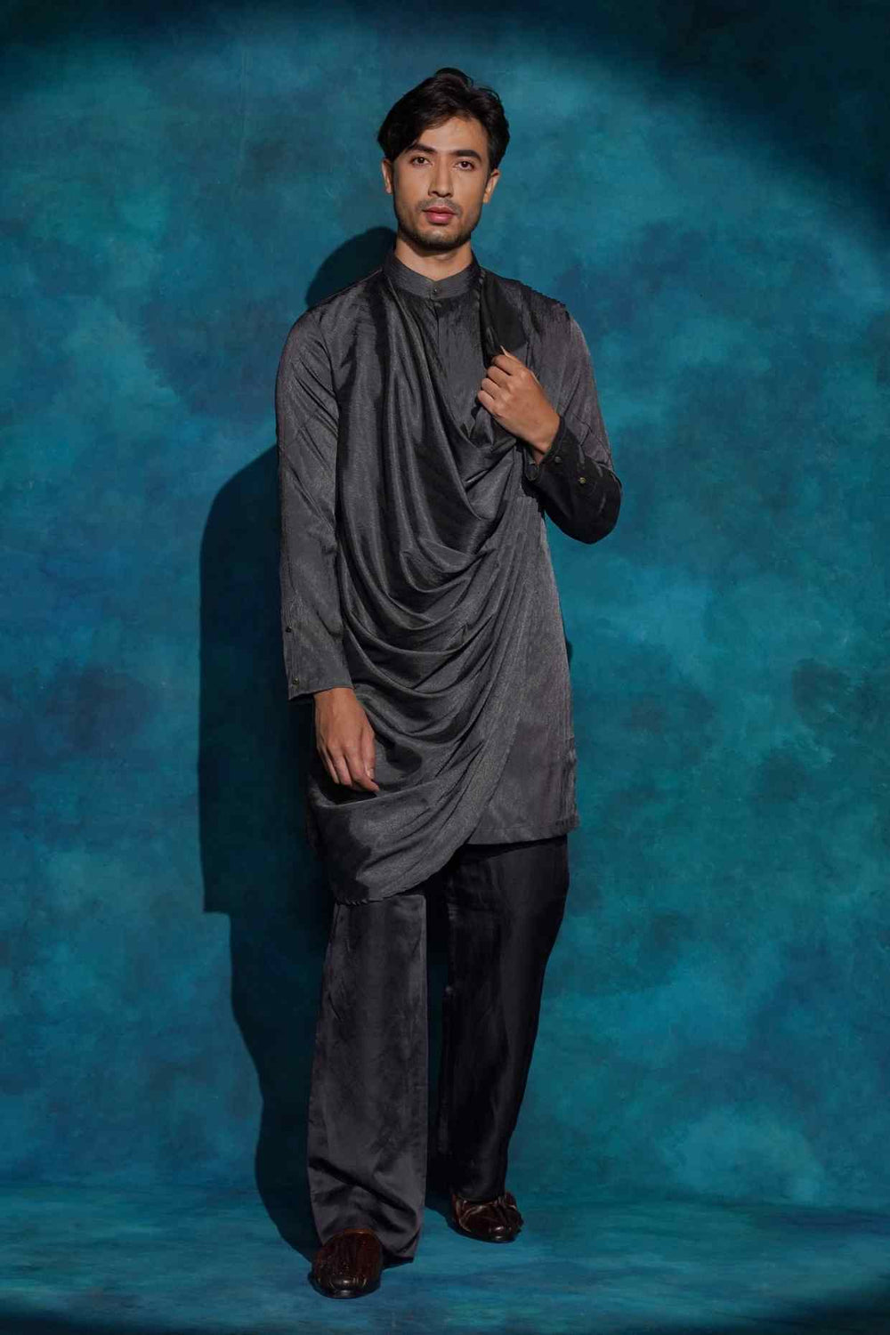 CHARCOAL GRAY LONG  DRAPE KURTA SET