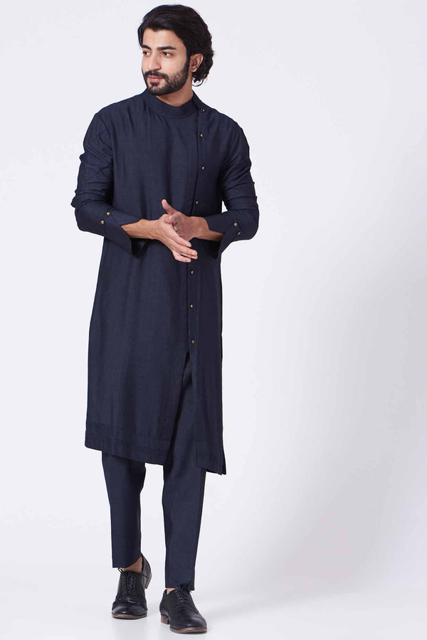 Midnight Blue Textured Silk Kurta Set