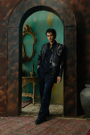 Midnight Blue Embroidered Short Jacket Set