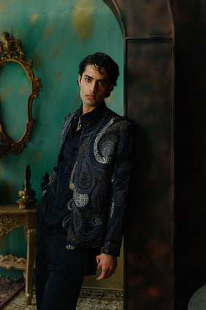 Midnight Blue Embroidered Short Jacket Set