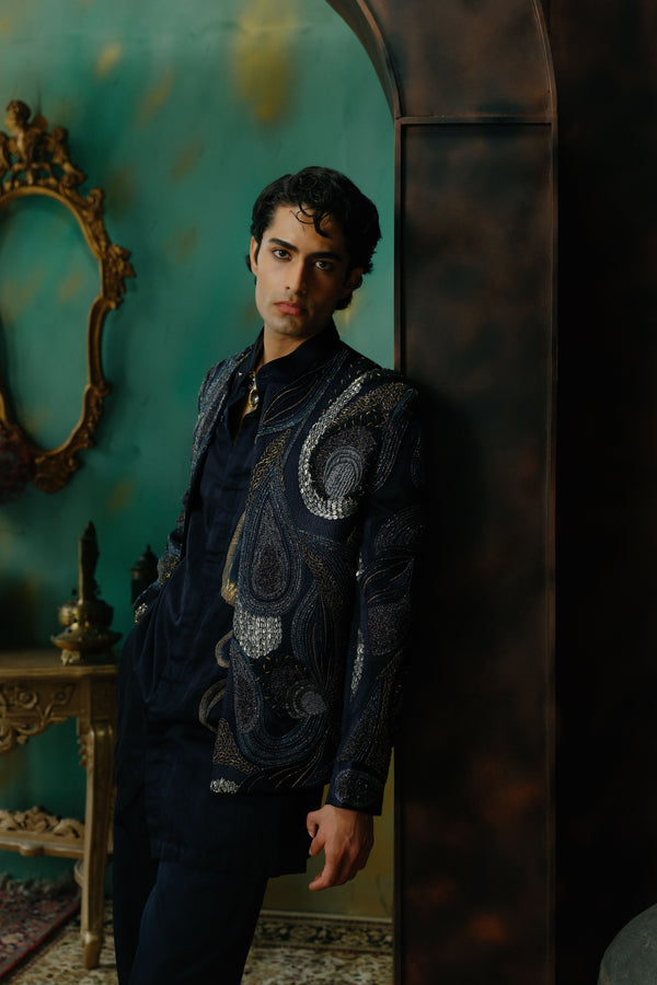 Midnight Blue Embroidered Short Jacket Set