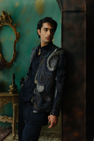 Midnight Blue Embroidered Short Jacket Set