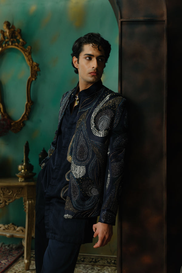 Midnight Blue Embroidered Short Jacket Set