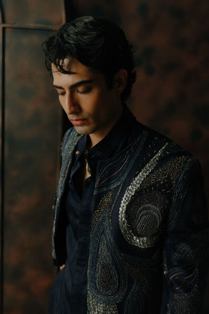 Midnight Blue Embroidered Short Jacket Set