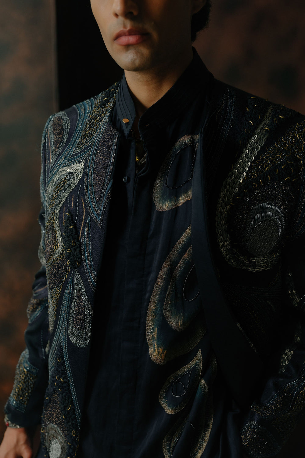 Midnight Blue Embroidered Short Jacket Set