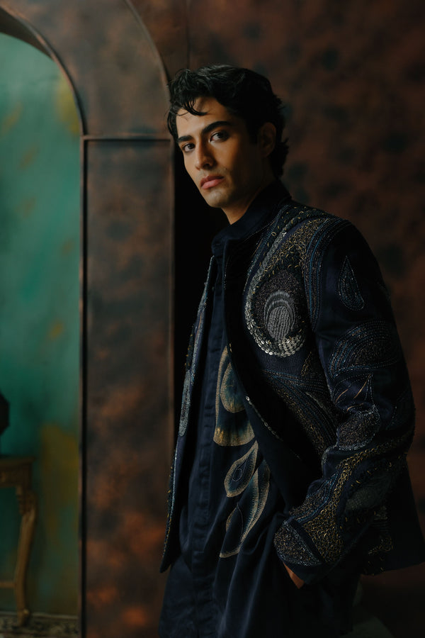 Midnight Blue Embroidered Short Jacket Set