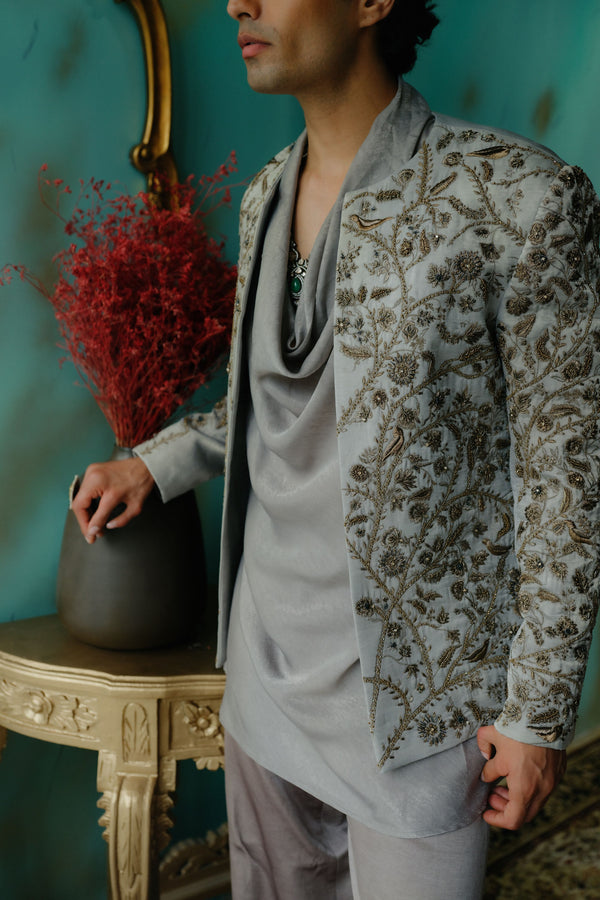 Silver Veil Hand Embroidered Short Jacket Set