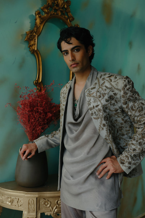 Silver Veil Hand Embroidered Short Jacket Set