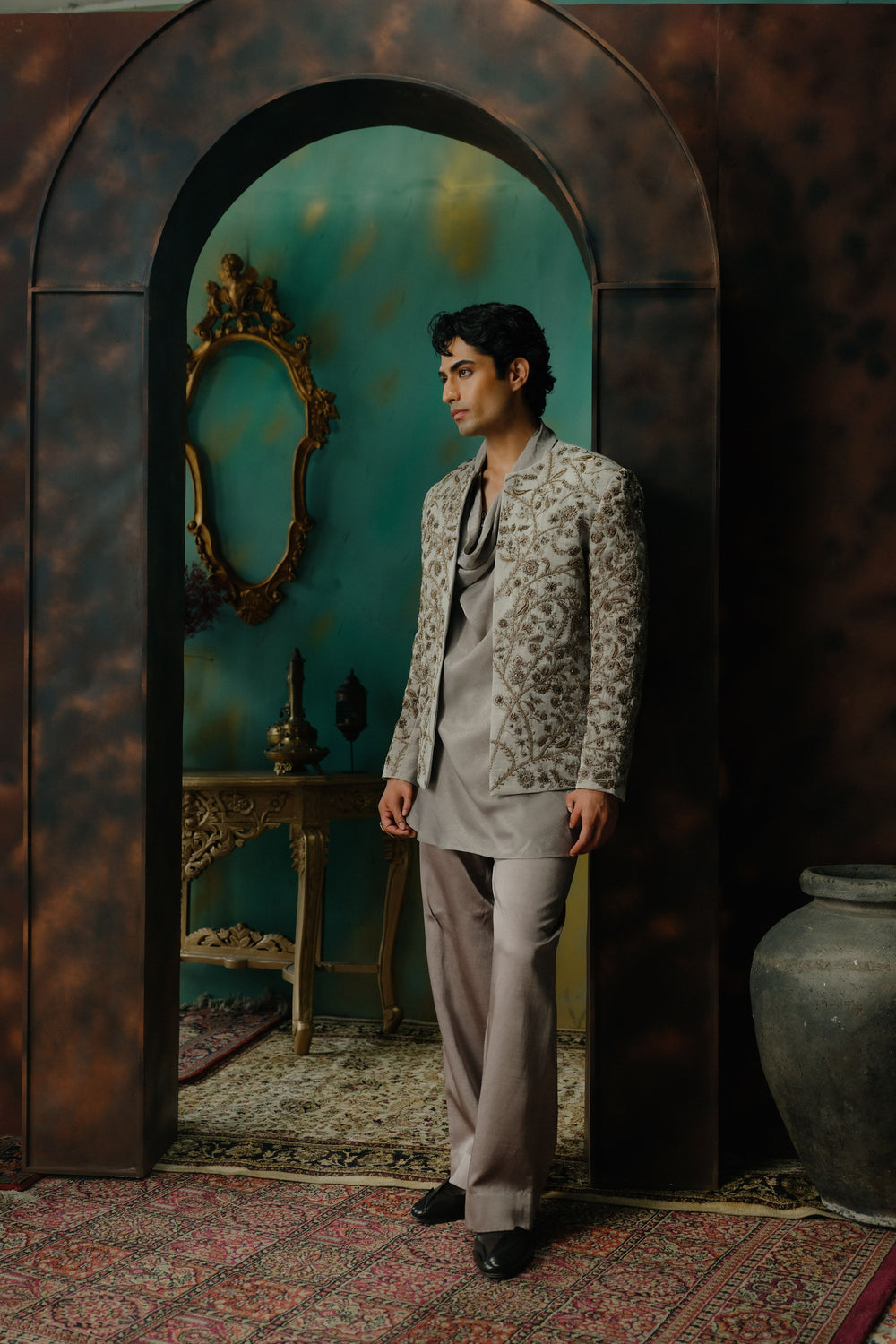 Silver Veil Hand Embroidered Short Jacket Set