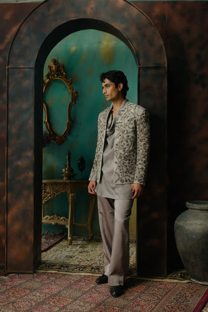 Silver Veil Hand Embroidered Short Jacket Set