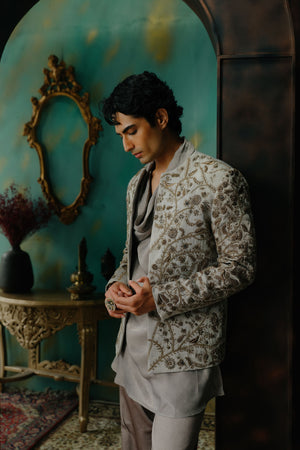 Silver Veil Hand Embroidered Short Jacket Set