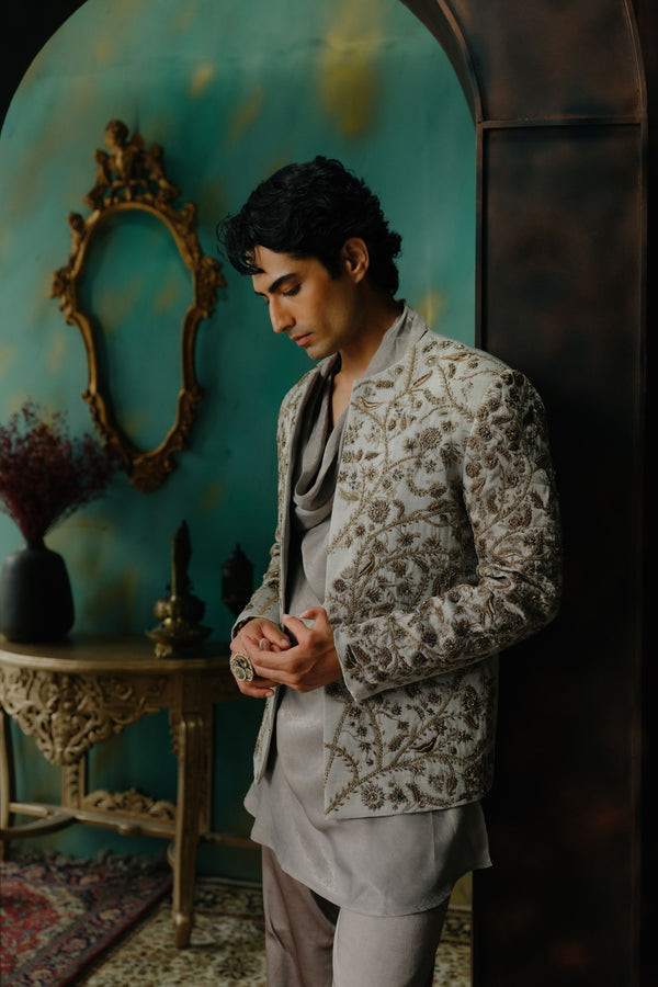 Silver Veil Hand Embroidered Short Jacket Set