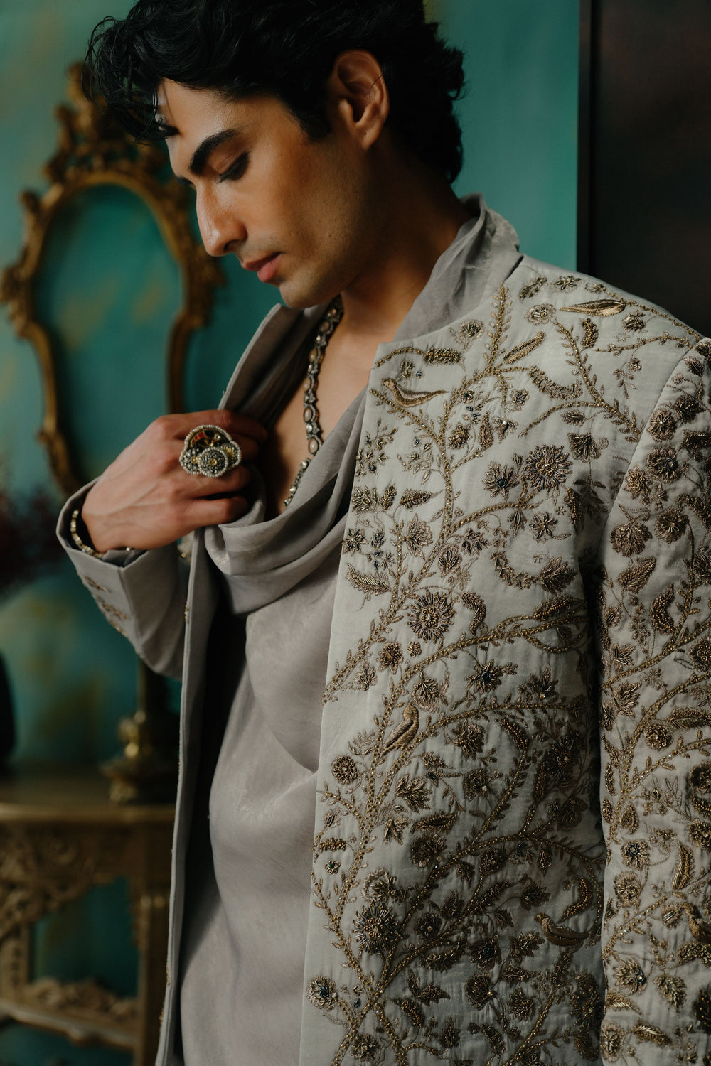 Silver Veil Hand Embroidered Short Jacket Set