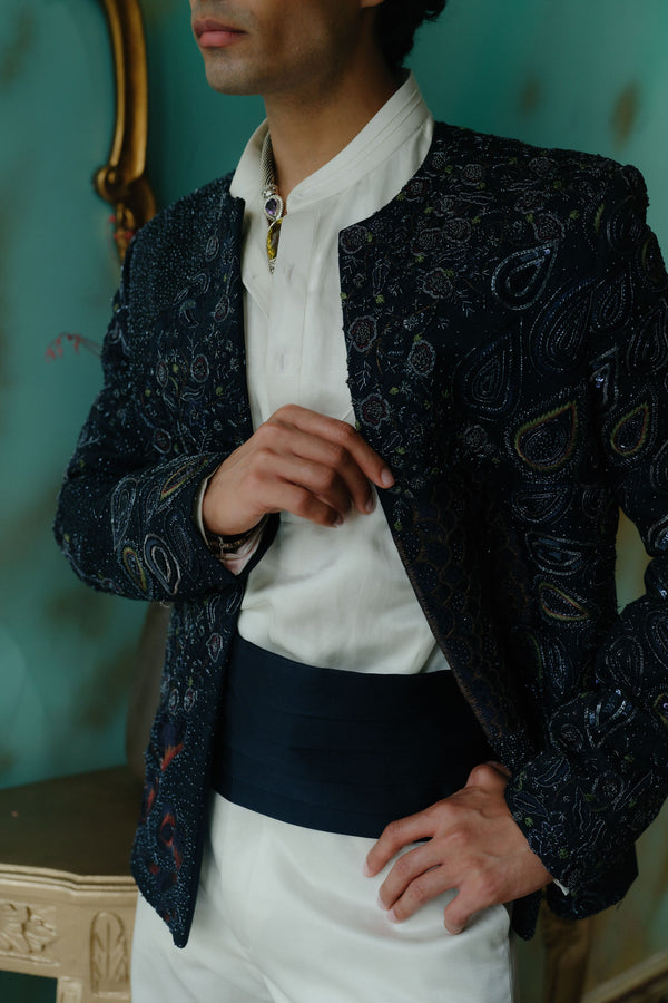 Midnight Blue Hand Embroidered Short Jacket Set