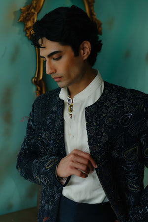 Midnight Blue Hand Embroidered Short Jacket Set