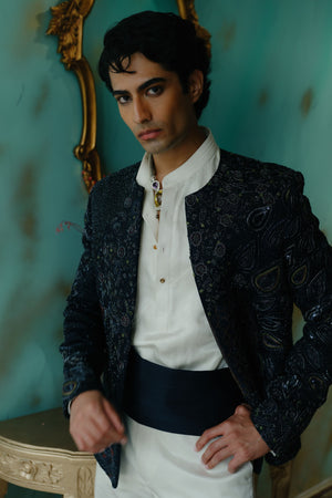 Midnight Blue Hand Embroidered Short Jacket Set