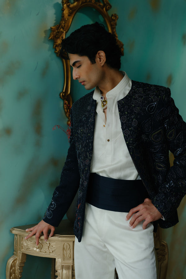 Midnight Blue Hand Embroidered Short Jacket Set