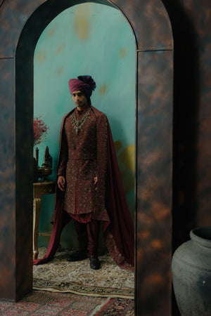 Deep Wine Hand Embroidered Silk Sherwani Set