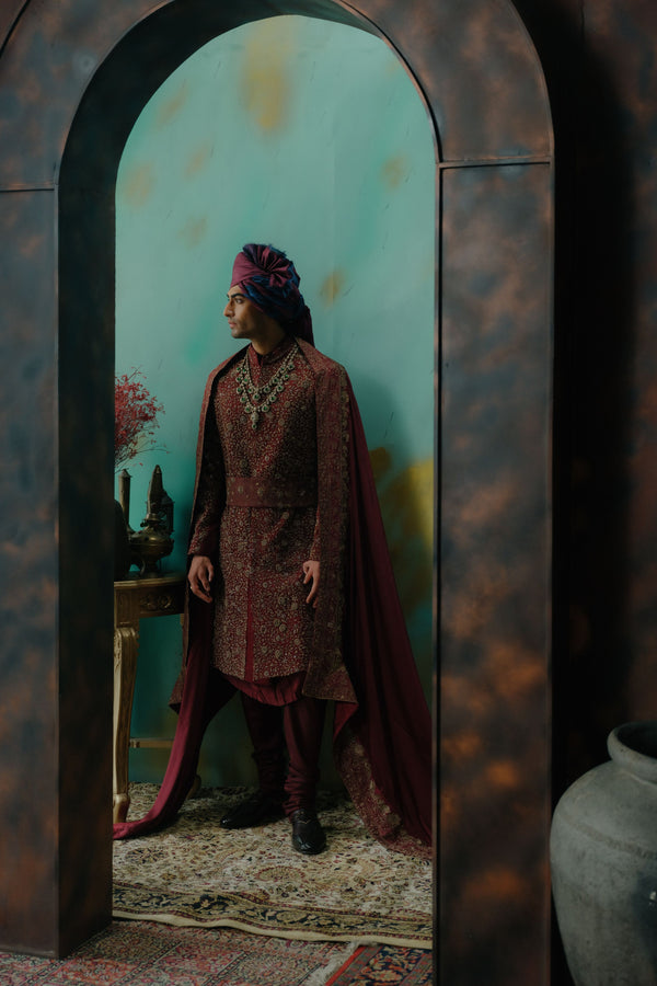 Deep Wine Hand Embroidered Silk Sherwani Set
