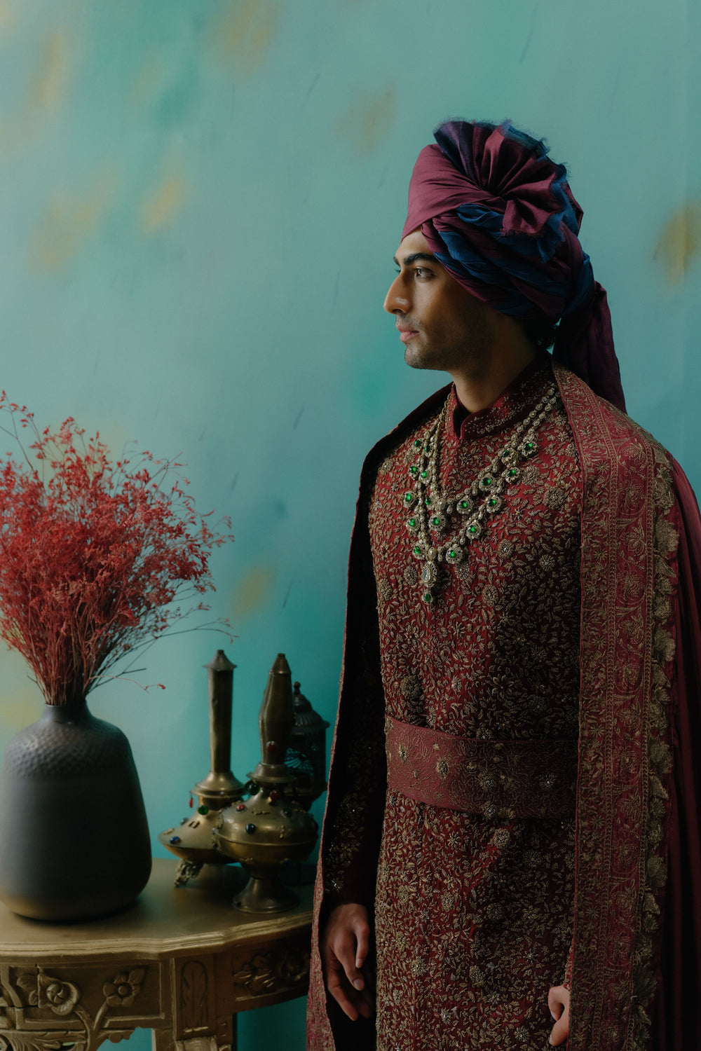 Deep Wine Hand Embroidered Silk Sherwani Set