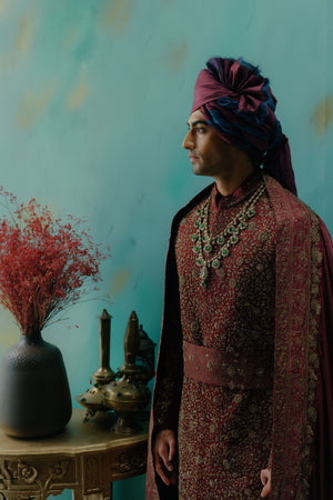Deep Wine Hand Embroidered Silk Sherwani Set