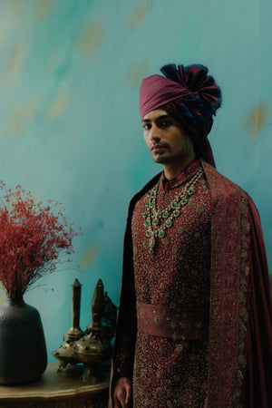 Deep Wine Hand Embroidered Silk Sherwani Set
