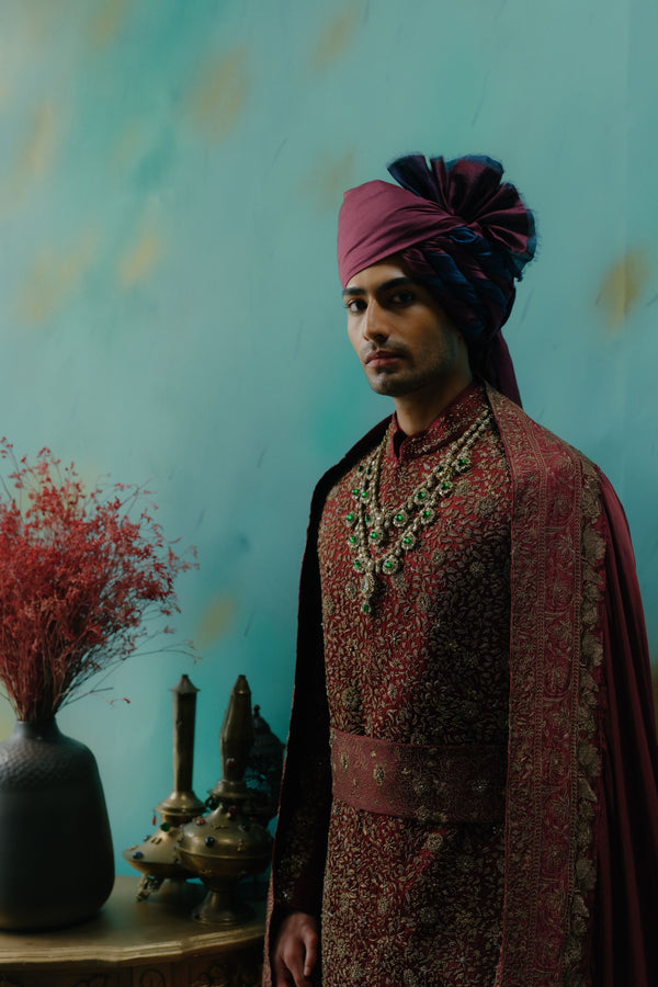 Deep Wine Hand Embroidered Silk Sherwani Set