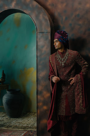 Deep Wine Hand Embroidered Silk Sherwani Set