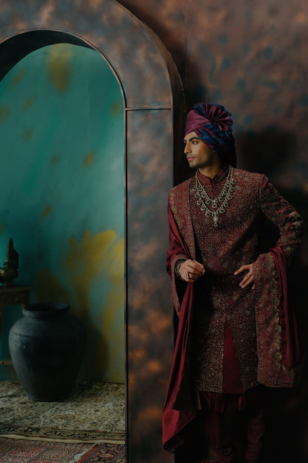 Deep Wine Hand Embroidered Silk Sherwani Set