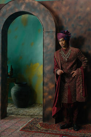 Deep Wine Hand Embroidered Silk Sherwani Set