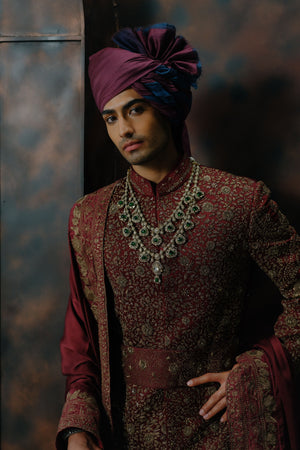 Deep Wine Hand Embroidered Silk Sherwani Set