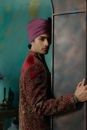 Deep Wine Hand Embroidered Silk Sherwani Set