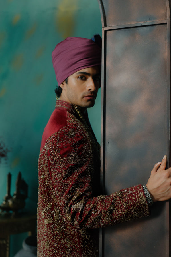 Deep Wine Hand Embroidered Silk Sherwani Set