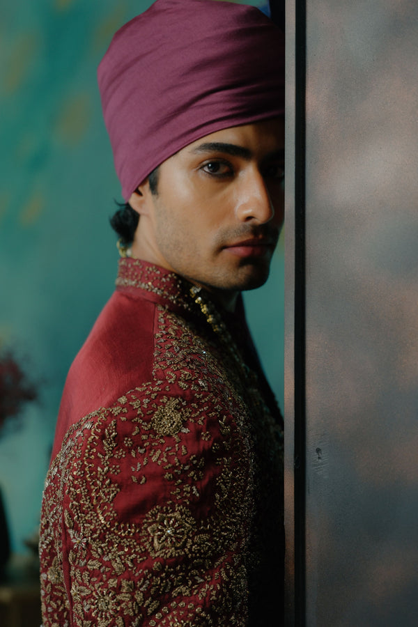 Deep Wine Hand Embroidered Silk Sherwani Set