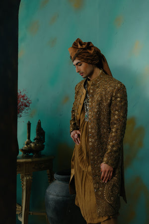 Bronze Hand Embroidered Silk Sherwani Set