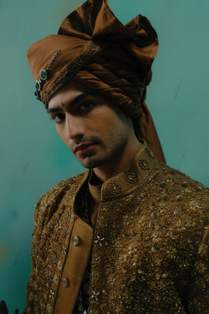 Bronze Hand Embroidered Silk Sherwani Set