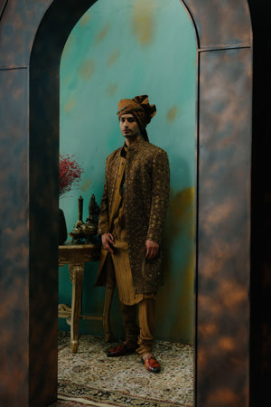 Bronze Hand Embroidered Silk Sherwani Set
