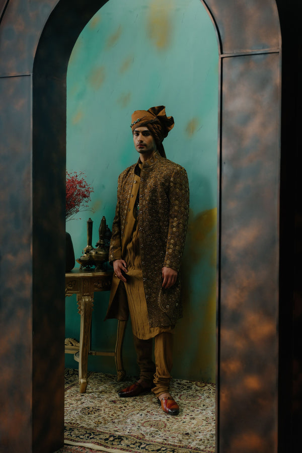 Bronze Hand Embroidered Silk Sherwani Set