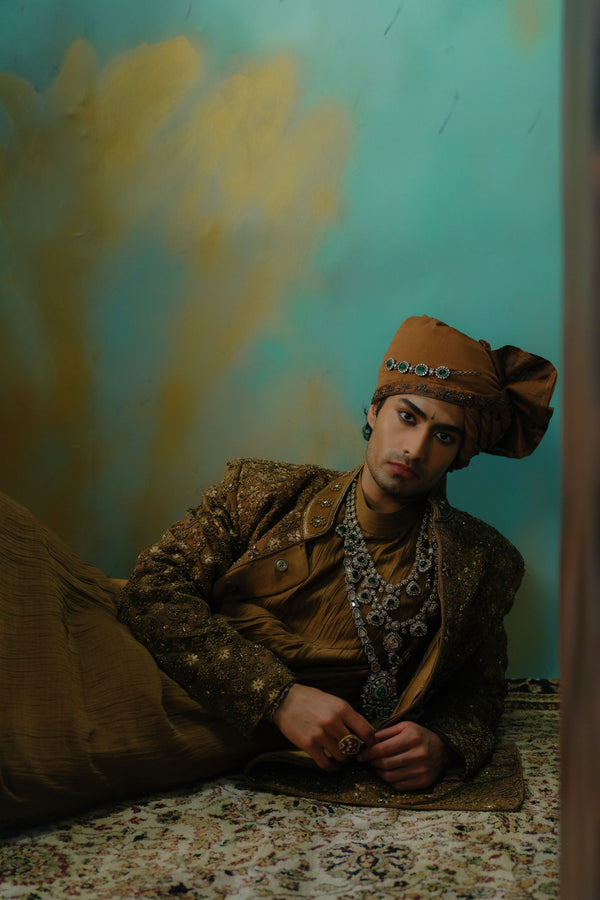 Bronze Hand Embroidered Silk Sherwani Set