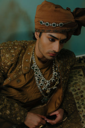 Bronze Hand Embroidered Silk Sherwani Set