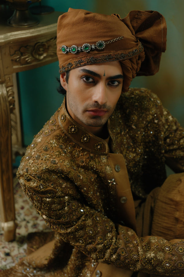 Bronze Hand Embroidered Silk Sherwani Set