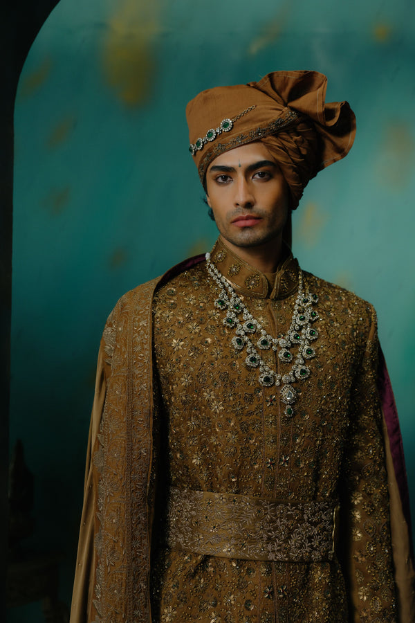 Bronze Hand Embroidered Silk Sherwani Set