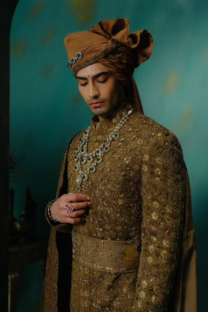 Bronze Hand Embroidered Silk Sherwani Set