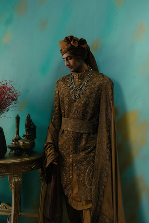 Bronze Hand Embroidered Silk Sherwani Set