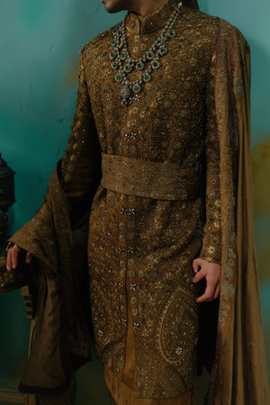 Bronze Hand Embroidered Silk Sherwani Set