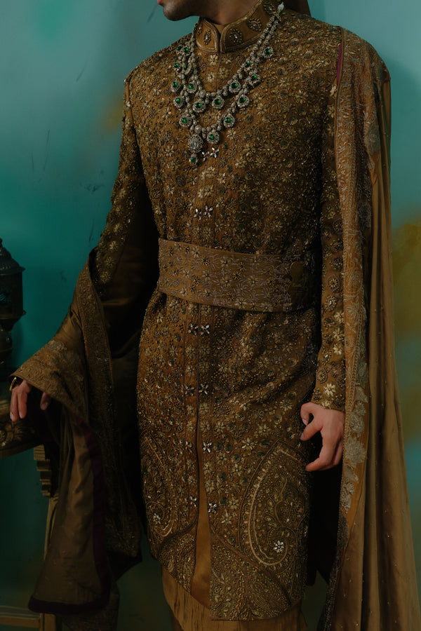Bronze Hand Embroidered Silk Sherwani Set
