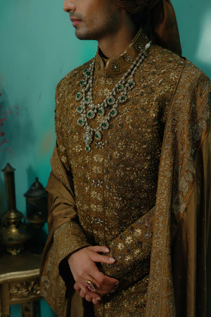 Bronze Hand Embroidered Silk Sherwani Set