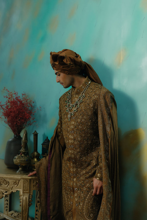 Bronze Hand Embroidered Silk Sherwani Set